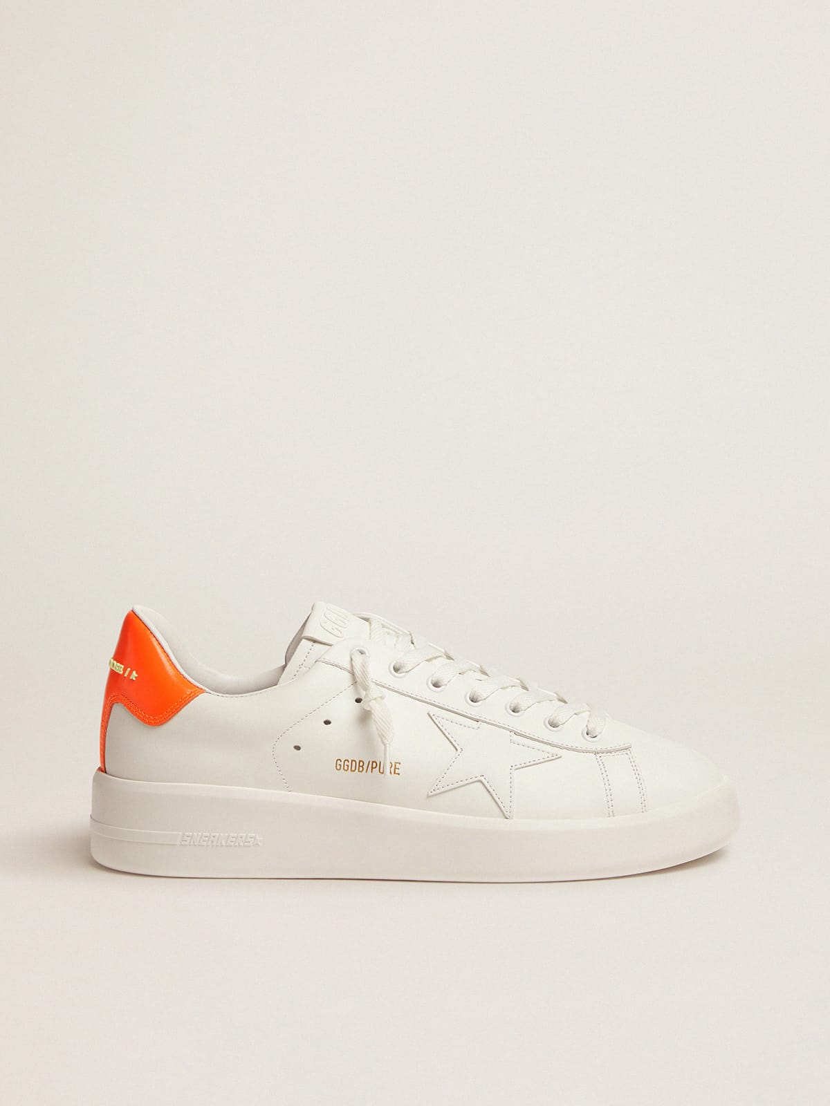 White Purestar sneakers with fluorescent orange heel tab